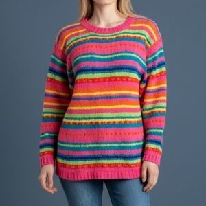 Vtg MARIE Y 1980s Colorful Rainbow Striped Loose Knit Sweater